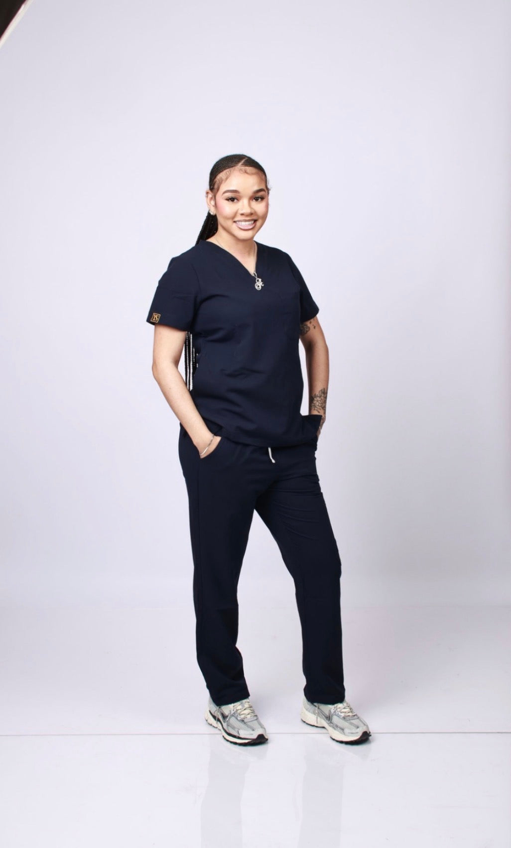 Signature Navy Blue Scrub Set – V-Neck Top & Straight Leg Pants