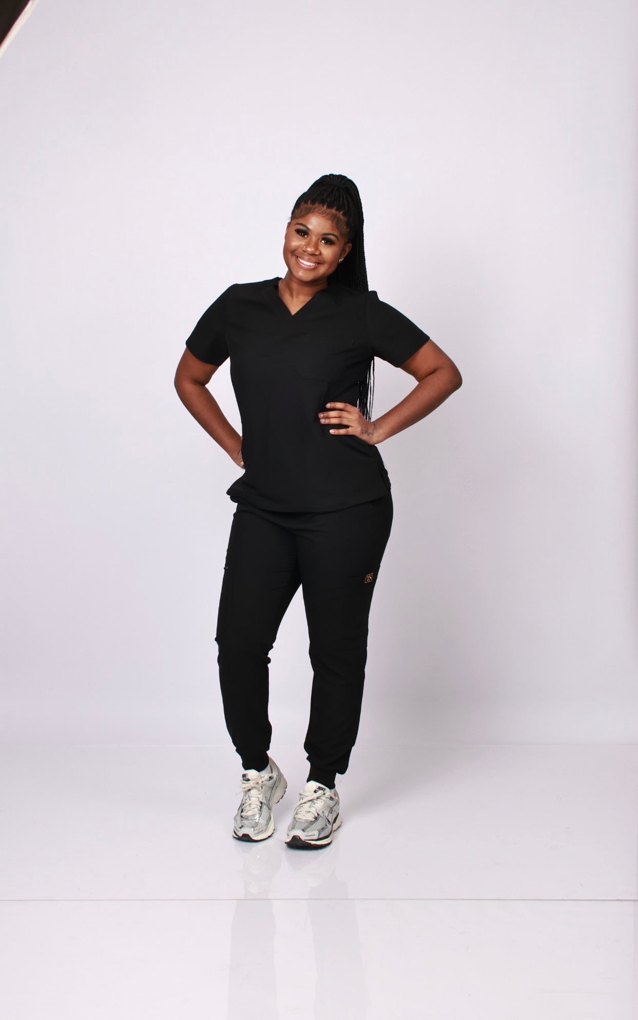 Signature Black Scrub Set – V-Neck Top & Jogger Pants