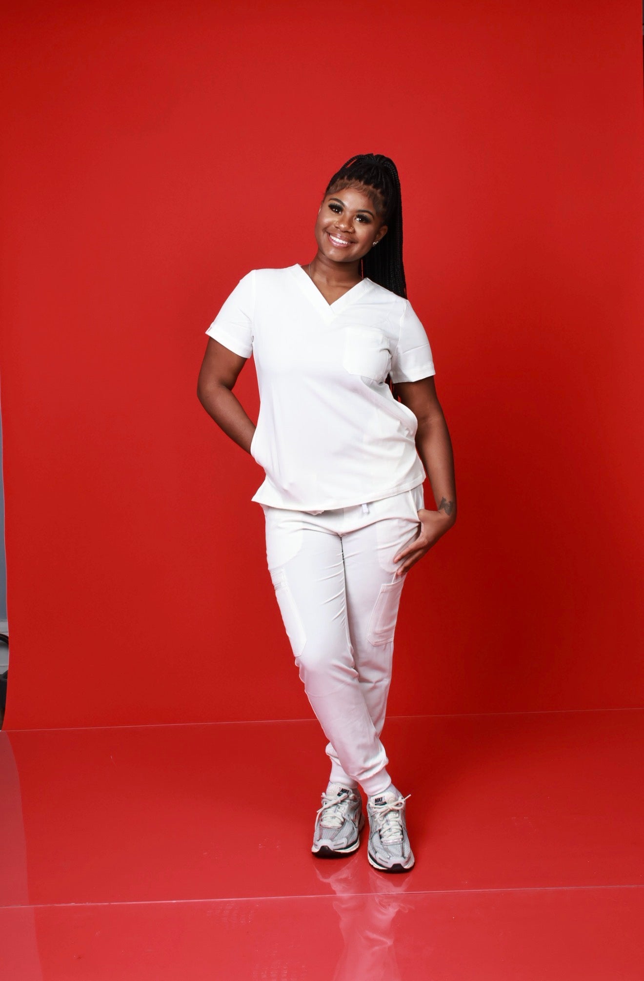 Signature White Scrub Set - V-Neck Top & Jogger Pants