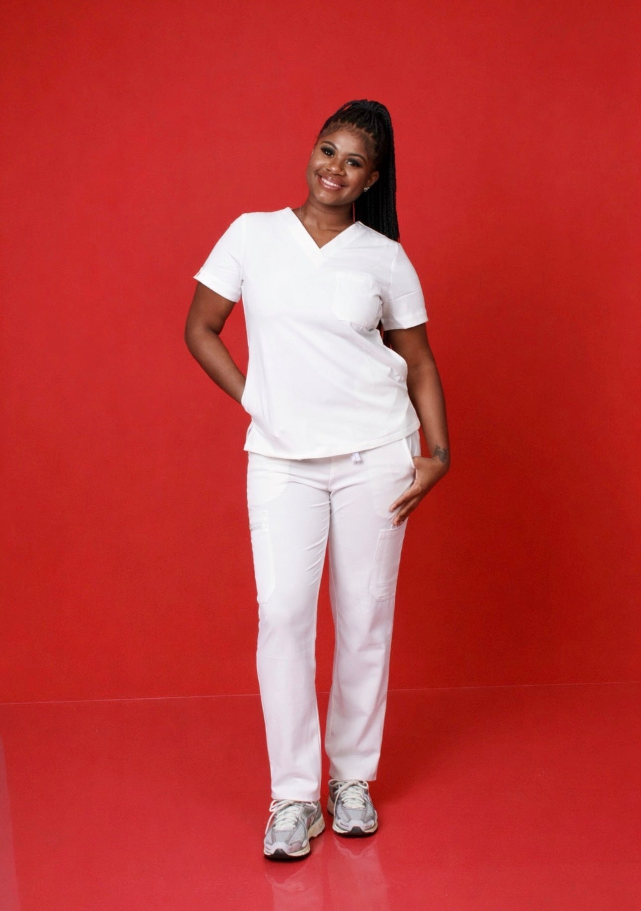 Signature White Scrub Set – V-Neck Top & Straight Leg Pants